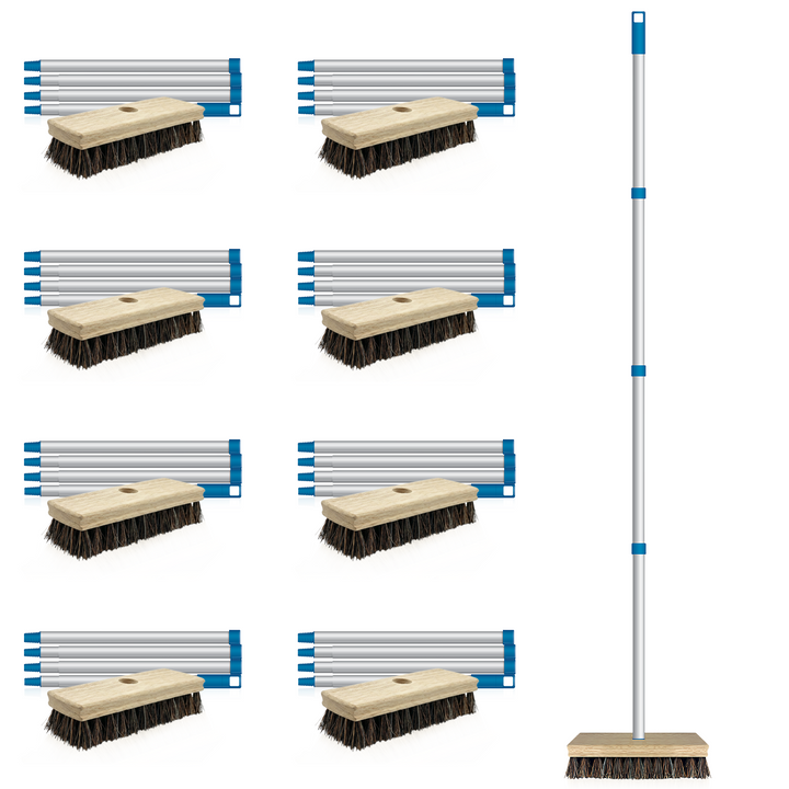 Lola Union Mix Palmyra and PVC bristle deck scrub 9-pack bulk case, wooden block head, 4-section aluminum handle, head close-up and tag