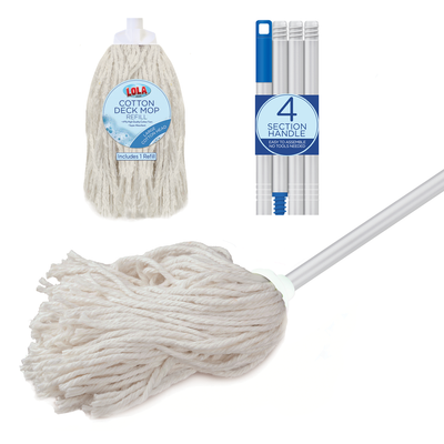Lola Products Cotton Deck Mop w/1 Replacement Head, 4-Ply High Quality Cotton Yarn Absorbs Up to 3x its Weight in Water, Heavy Duty, Gloss Steel 48