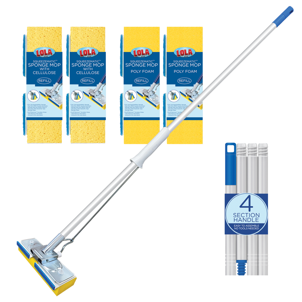 Squeezematic Butterfly Automatic Sponge Mop, 9" Heads w/ Scuff Remover, Includes 4 Mop Heads - 2 Foam w/ Cellulose Layer and 2 Foam #2039S