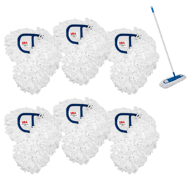 Six white nylon loop dust mop refill heads with blue Lola labels beside assembled Lola flexible dust mop with blue handle