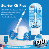 500 Brushes Starter Plus Kit, Toilet Bowl Brush w/ Cleanser Dispensing Brush Head, Includes 2 Brush Heads, 1 Handle, 1 Caddy and 5 Blue Cleanser Cartridges, Item #3304