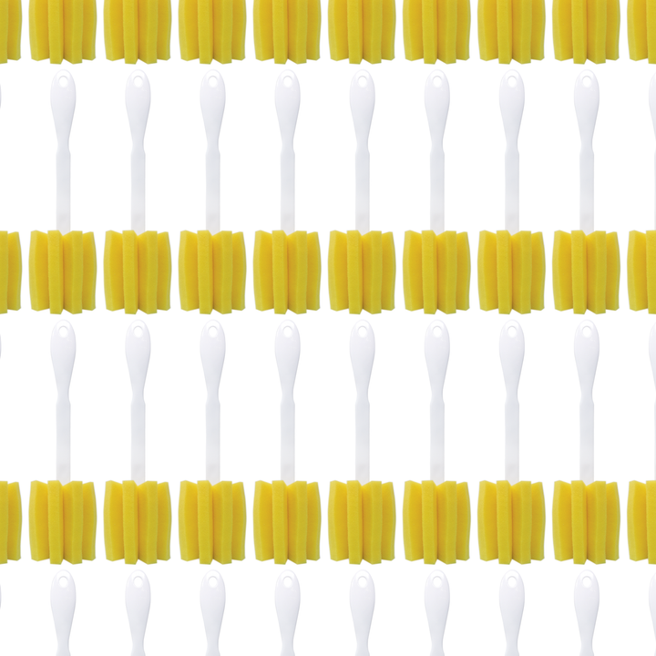 Flat lay showing full bulk 72-pack of Lola Glass and Jar Brushes with white handles and yellow cube-cut foam sponge heads arranged in grid