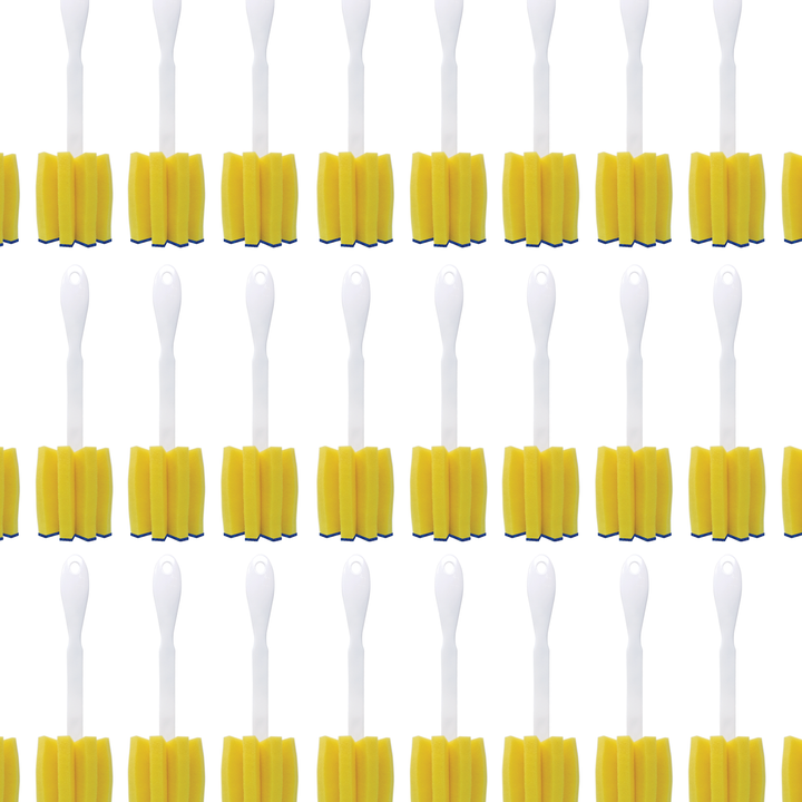 Bulk case repeating grid of Lola glass jar brushes with white handles, yellow sponge heads and blue fiber scrubber tips, 72-pack