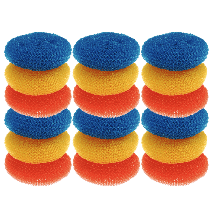 Lola Plastic Mesh Scourer 18-pack, donut-shaped polypropylene scourers in blue, orange, yellow stacked three columns of six