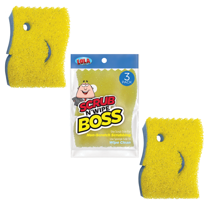 Lola Scrub N Wipe Boss 3-pack yellow smiley-face dual-sided scrub sponges with retail package, Non-Scratch Scrubbing, Wipe Clean