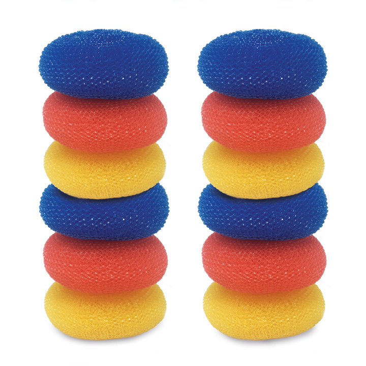 Lola jumbo plastic mesh scourer 12-pack: two stacks of six round donut-shaped mesh scourers in assorted blue, red, yellow
