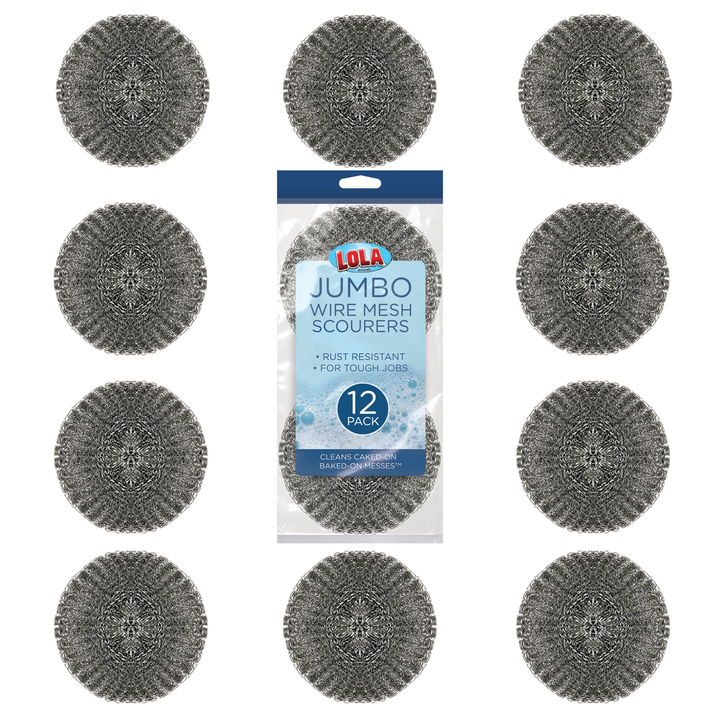 Twelve Lola Jumbo Wire Mesh Scourers around 12 pack retail package; rust resistant stainless steel mesh balls for baked-on messes