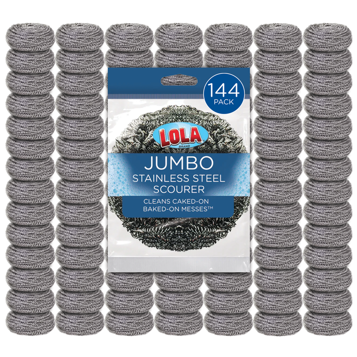Lola Jumbo Stainless Steel Scourer 144-pack bulk display of silver stainless steel wool scourers in 5-column tower with retail bag