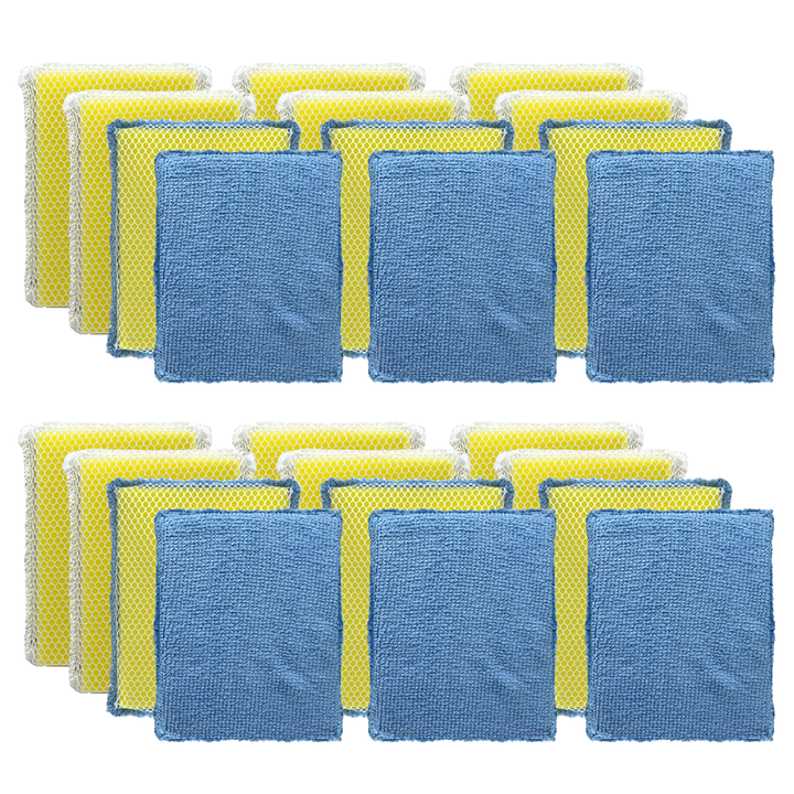 Flat lay of 24-pack Lola Scrub N Wipe cleaning pads with yellow nylon-net sponge pads and blue microfiber cloths in two rows