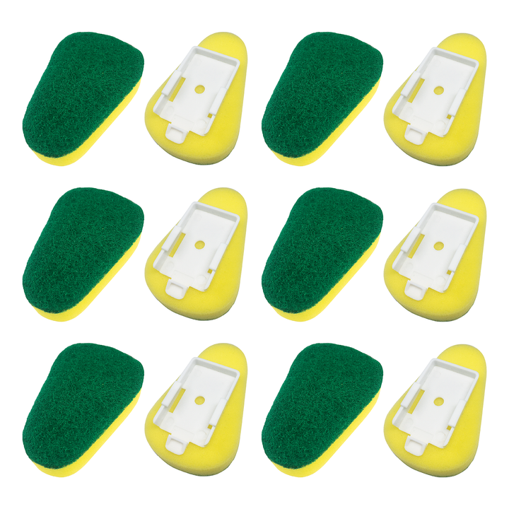 Lola Sudser Scour-N-Sponge Refill 12-pack yellow sponges in 4x3 grid, showing green scrub pads and white snap-on connectors