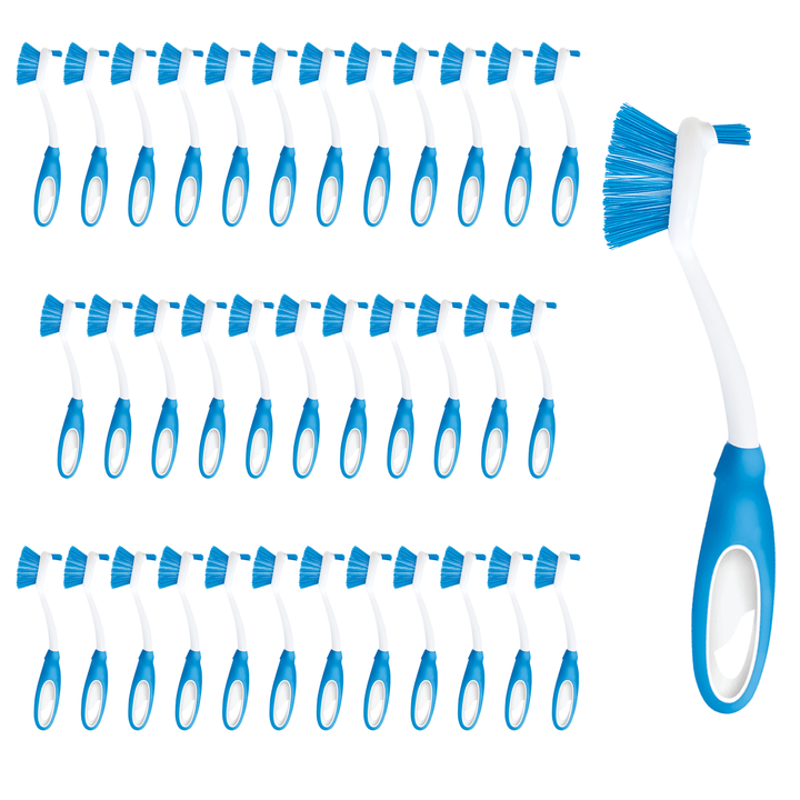 Lola Pro dish brushes with blue ergonomic handles and poly-fiber bristles, display of 36 with single close-up brush