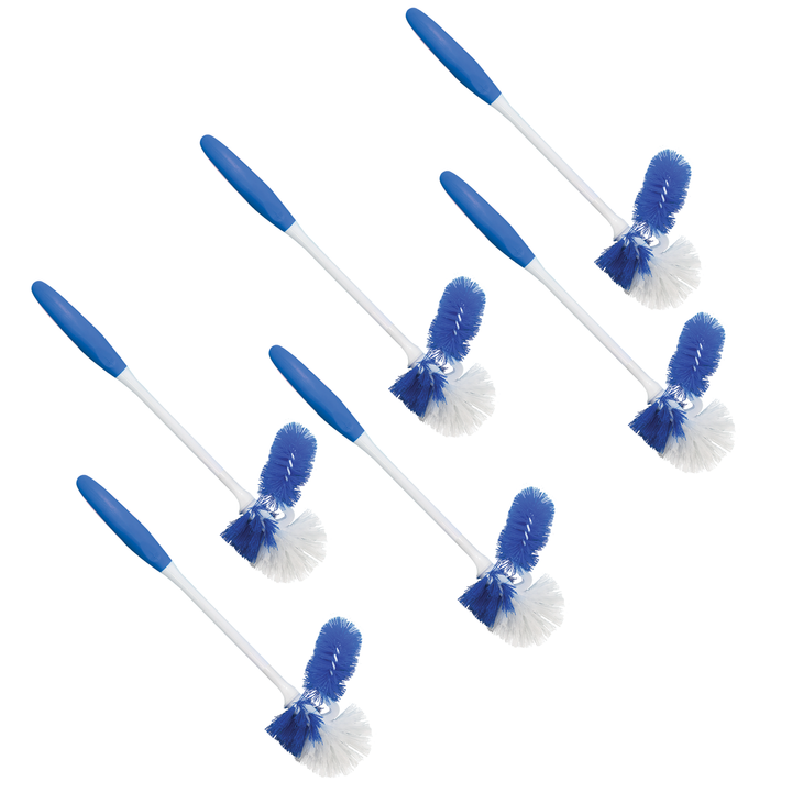Six Lola Pro Euro Bowl Brushes, blue ergonomic handles, blue and white poly fiber bristles, angled under-rim scrub attachment