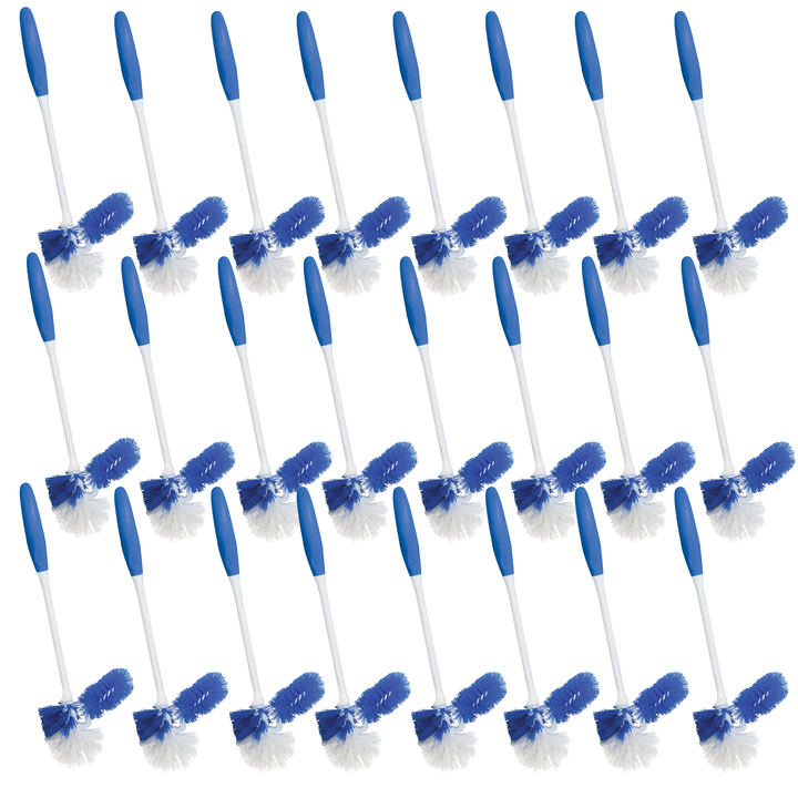 24 Lola Pro Euro Bowl Brushes with blue ergonomic handles and dual blue and white poly fiber bristle heads in flat lay