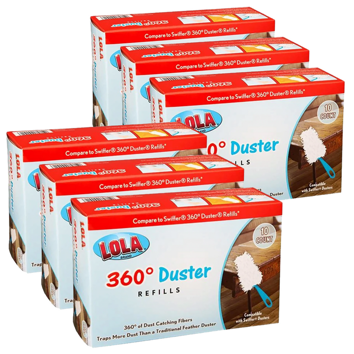 Lola 360° Duster Refills 6-pack of 10-count light blue and red boxes, compatible with Swiffer Dusters, stacked in two rows