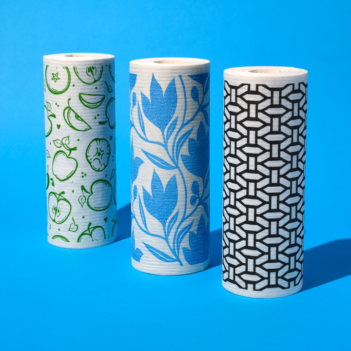 Wowables Patterned Reusable Paper Towels, Swedish Dish Cloths – 30 Sheet Roll w/ Hook